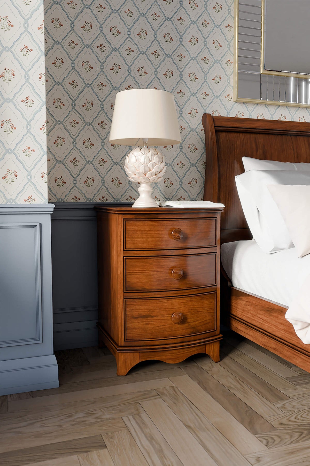 Broughton staliukas prie lovos ar sofos su 3 stalčiais