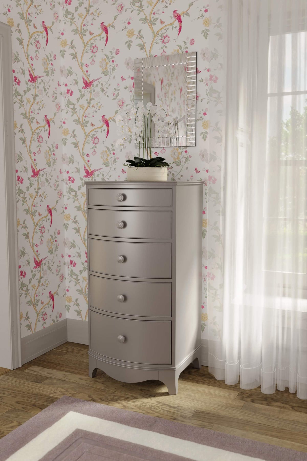 Broughton aukšta komoda su 5 stalčiais