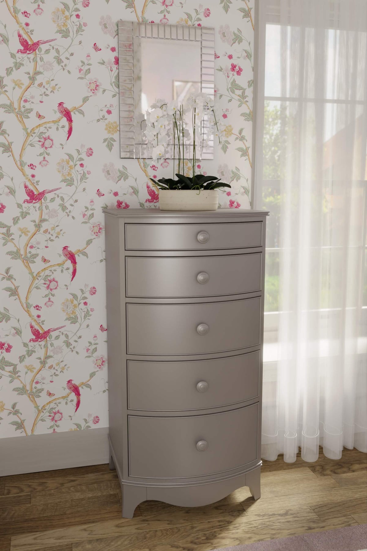 Broughton aukšta komoda su 5 stalčiais