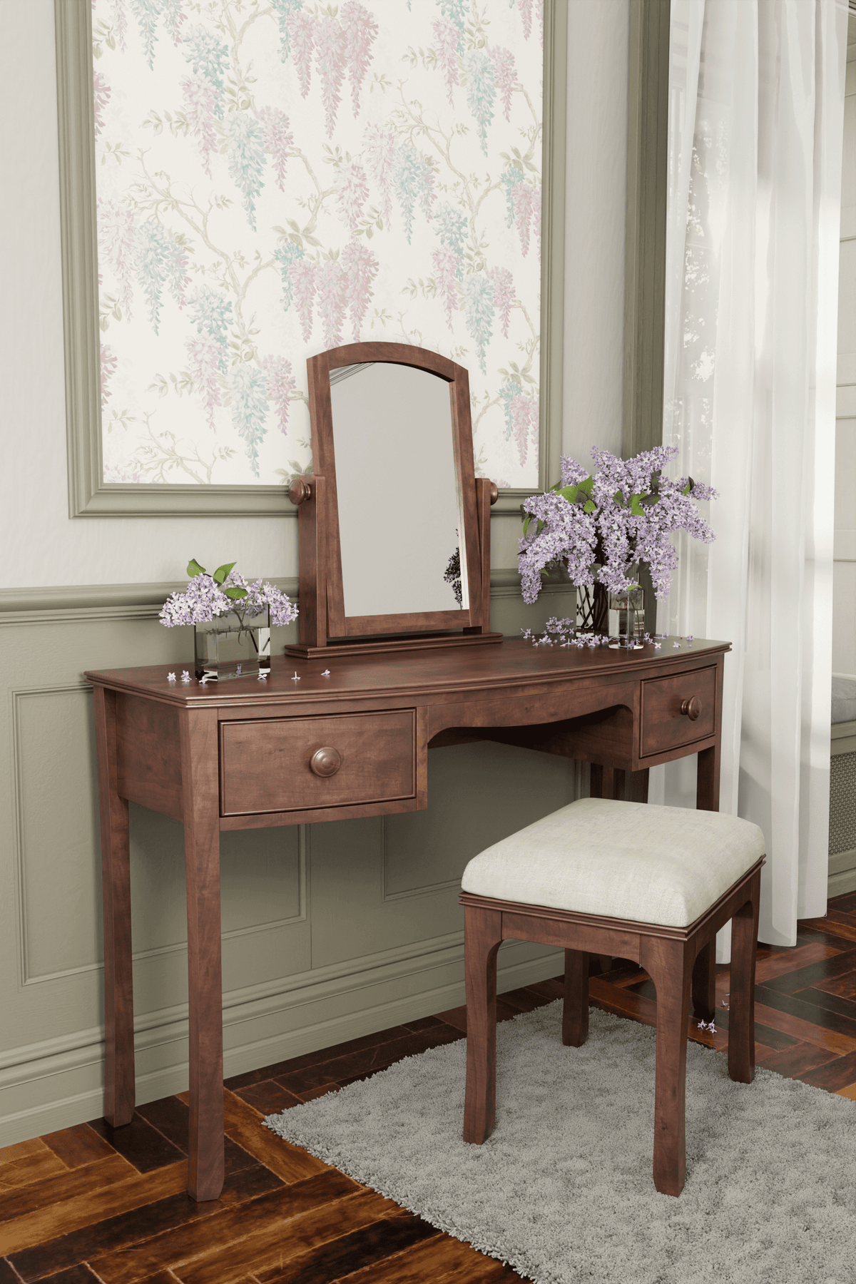 Broughton kosmetinio staliuko su 2 stalčiais, kėdės ir veidrodžio komplektas