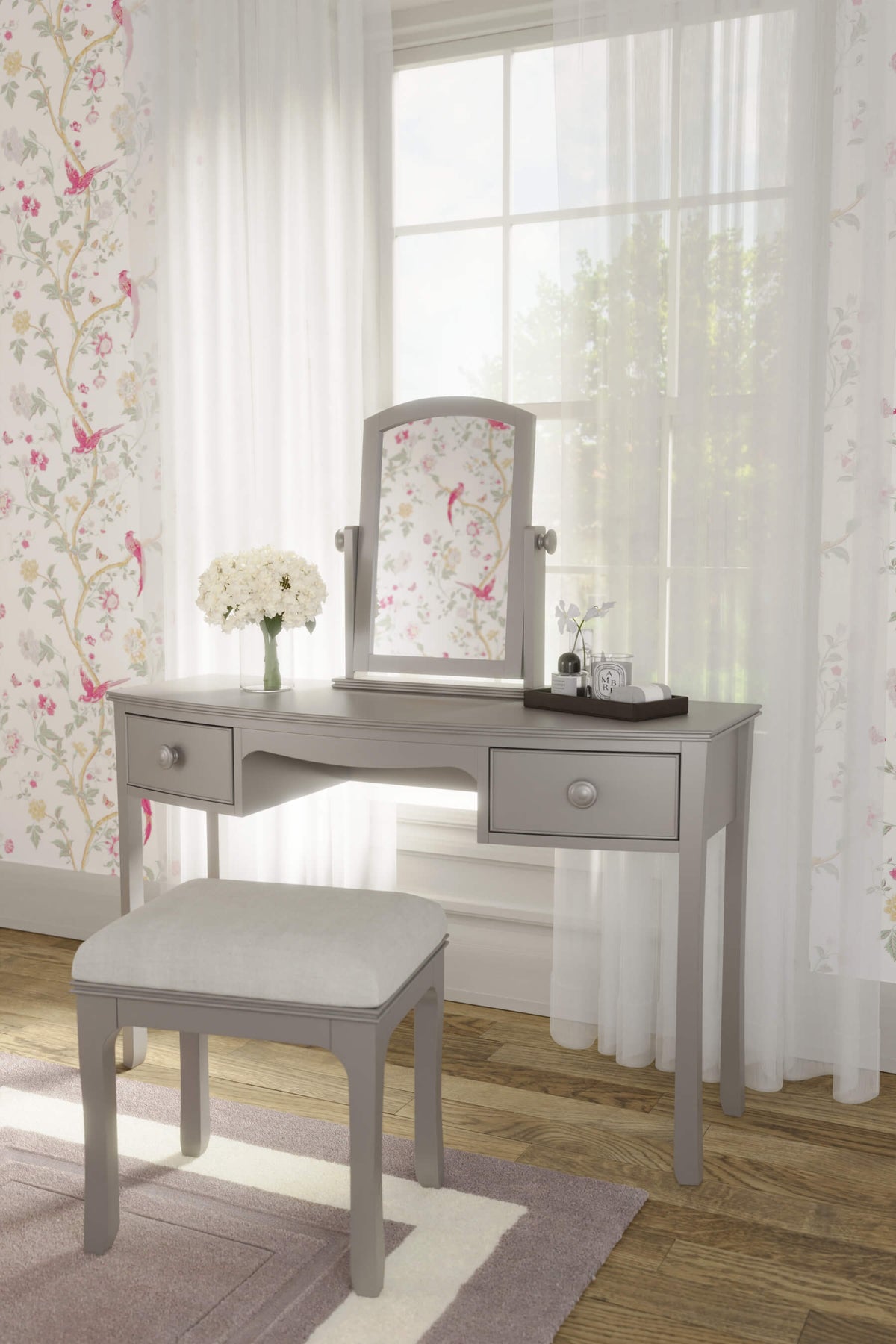 Broughton kosmetinio staliuko su 2 stalčiais, kėdės ir veidrodžio komplektas