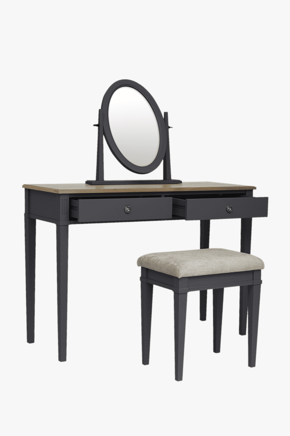 Eleanor kosmetinio staliuko su 2 stalčiais, kėdės ir veidrodžio komplektas